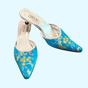 Isaac Made in Italy Turquoise Brocade Kitten Heel Mules – Size 9B